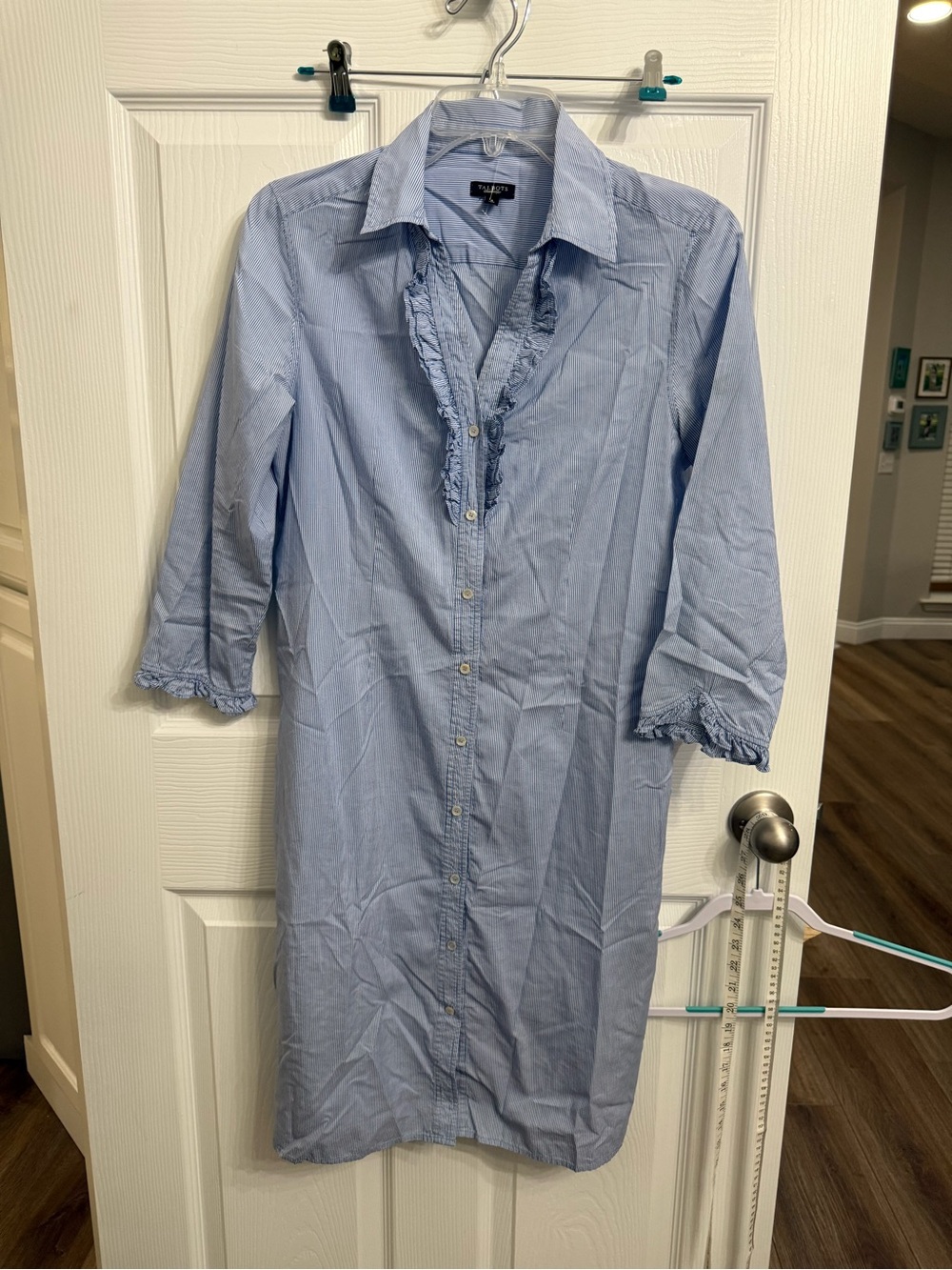 Talbots Size 8 Blue White Pinstripe Shirt Dress Cotton Silk Ruffle Preppy
